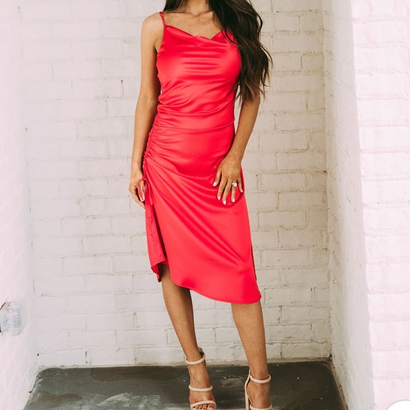 Ruched Cowl Neck Red Midi Dress - Picture 1 of 2